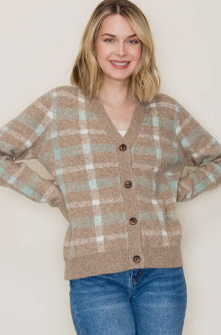 Mocha/Mint Plaid Cardigan