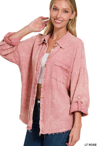 Light Rose Washed Gauze Button Down