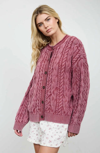 Burgundy Washed Cable Cardigan