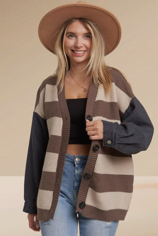 Denim Sleeve Stripe Cardigan