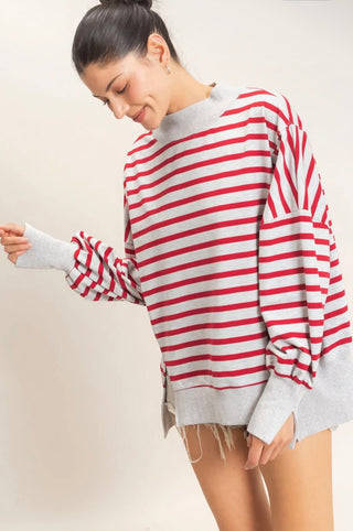 Red & Gray Stripe Mock-neck