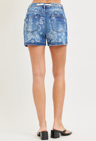 Dark Wash Paisley Print Denim Short