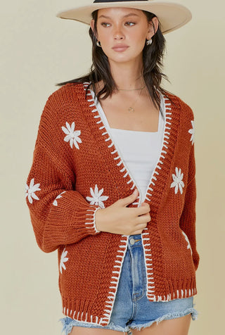 Rust Floral Embroidered Cardigan