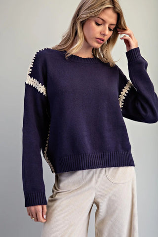 Navy Stitch Trim Sweater