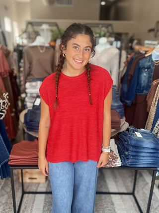 Red Crewneck Sleeveless Sweater