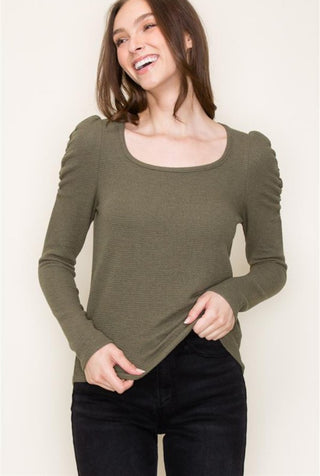 Olive Puff Shoulder Top