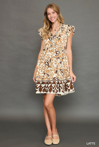 Abstract Ruffle Sleeve Dress