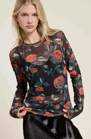 Crimson Bloom Sheer Top