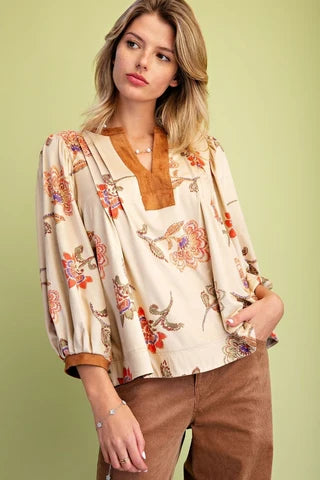 Tan Sueded Floral Blouse
