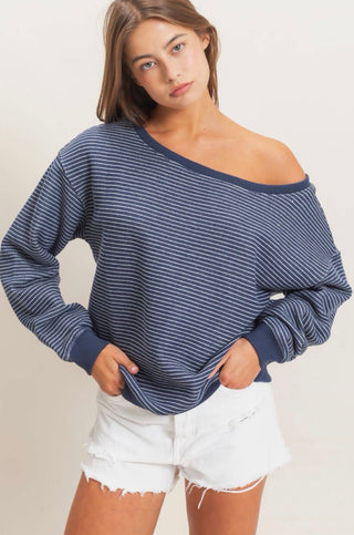 Navy Stripe Open Shoulder Top