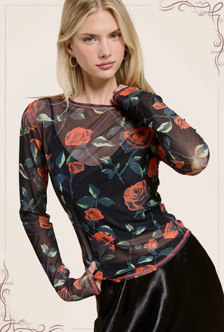 Crimson Bloom Sheer Top