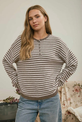 Mocha Stripe Henley Sweater
