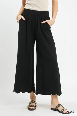 Black Scallop Hem Linen Pant