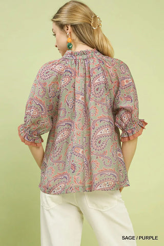 Willow Paisley Ruffle Sleeve Blouse