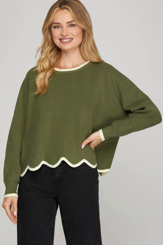 Olive Scallop Hem Sweater