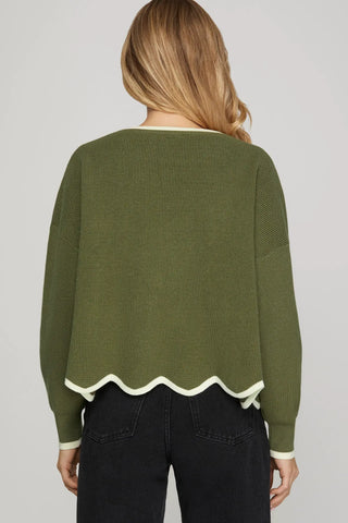 Olive Scallop Hem Sweater